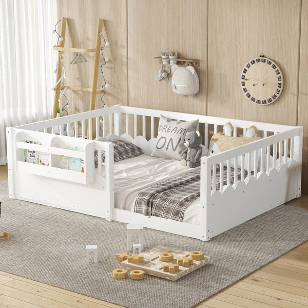 English Elm Twin Low Profile Kids Floor Bed Pine Wood Frame with Safety Rail and Built in Bookshelf White W1580P373138
