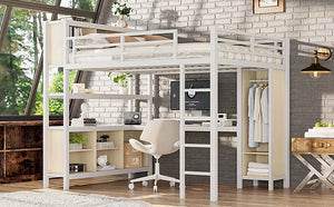 English Elm Metal Queen Loft Bed With L-Shaped Desk, Wardrobe & Storage Cubes - Perfect For Small Spaces! W1580S00183
