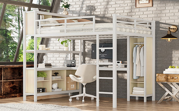 English Elm Metal Queen Loft Bed With L-Shaped Desk, Wardrobe & Storage Cubes - Perfect For Small Spaces! W1580S00183
