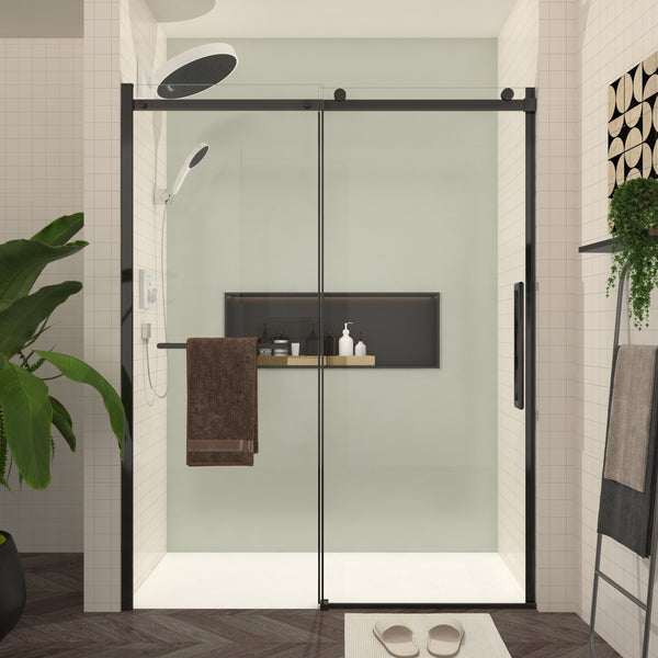English Elm S-RM6076TB Frameless 56-60" x 76" Sliding Shower Door, 8mm Tempered Glass, Matte Black Rollers and Towel Bar W1865P189853