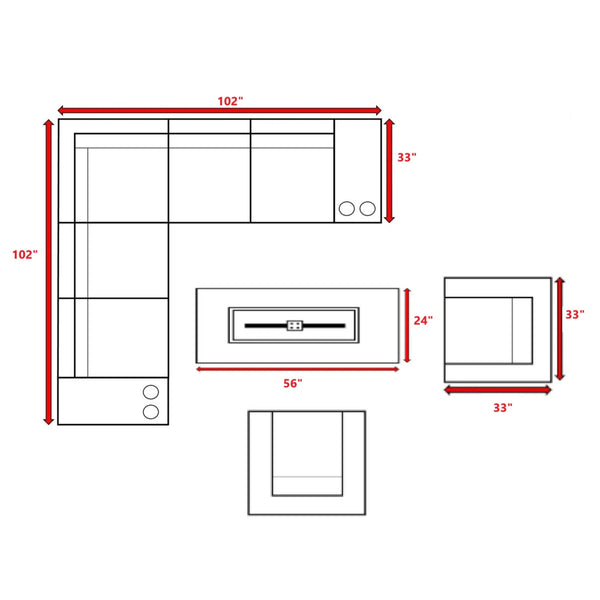 English Elm 6-Person Luxury Patio Seating Set with Concrete Fire Pit, HDPE Wicker, Plush Cushions, Turnkey Outdoor Retreat Grey B120S00105