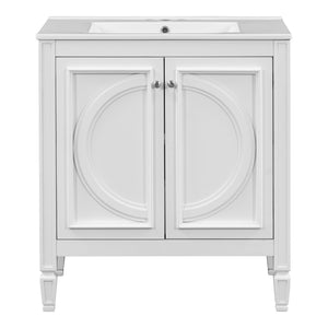 English Elm Christopher Knight Home® - 30" Bathroom Vanity with Sink Vintage Freestanding Ceramic Top Soft-Close Doors Gold Knobs, Storage White N759P226000K