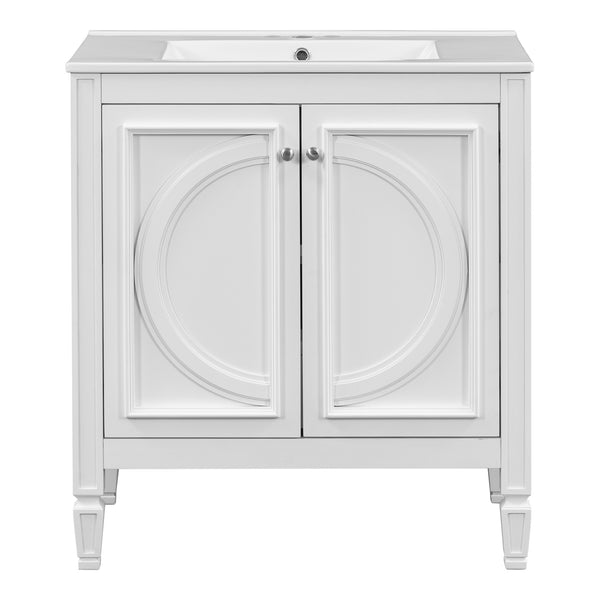 English Elm Christopher Knight Home® - 30" Bathroom Vanity with Sink Vintage Freestanding Ceramic Top Soft-Close Doors Gold Knobs, Storage White N759P226000K