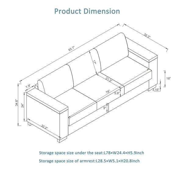 English Elm 93.7" Modern Living Room Sofa with Cup Holder & Hidden Storage, Upholstered Polyester, Durable Frame Green W1097S00195