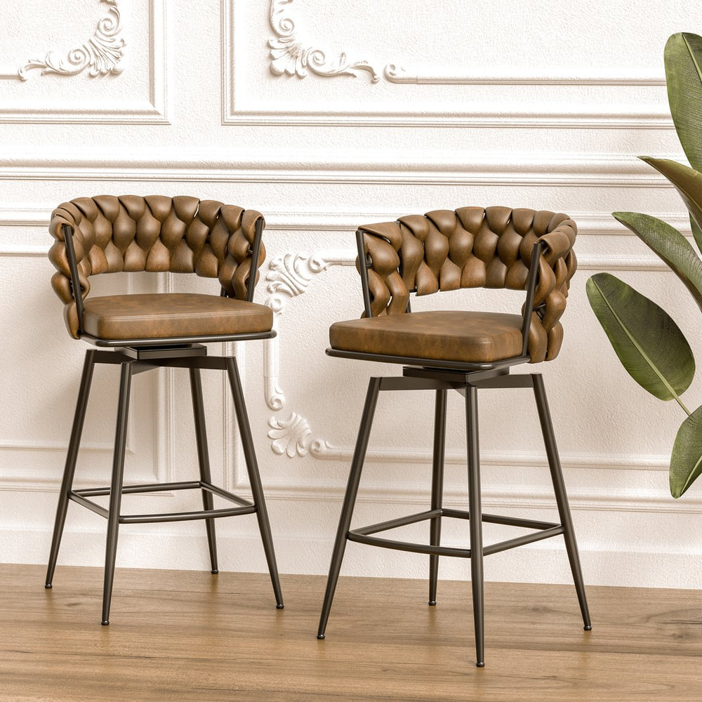 English Elm 28" Woven Leather Swivel Barstools with Arms Padded Back Industrial Kitchen Set of 2 W3732P418929