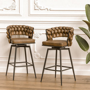 English Elm 28" Woven Leather Swivel Barstools with Arms Padded Back Industrial Kitchen Set of 2 W3732P418929