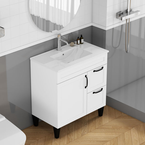 English Elm 31.5-inch Modern Bathroom Vanity with Integrated Ceramic Basin, Soft-Close Drawers, Black Accents White 35.04 L x 22.05 W x 7.68 H W3151S00061