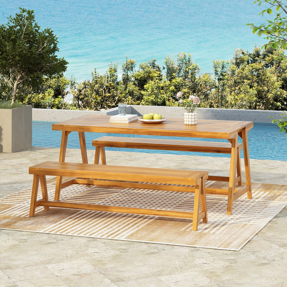 English Elm Outdoor Acacia Wood Picnic Dining Set with Two Benches for Patio Deck or Backyard N770P358872T