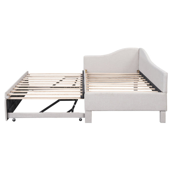 English Elm Twin Upholstered L-Shaped Daybed with Pop-Up Trundle, Space-Saving Guest Bed with Slats Kit and 400lb Capacity Beige SF000193AAA