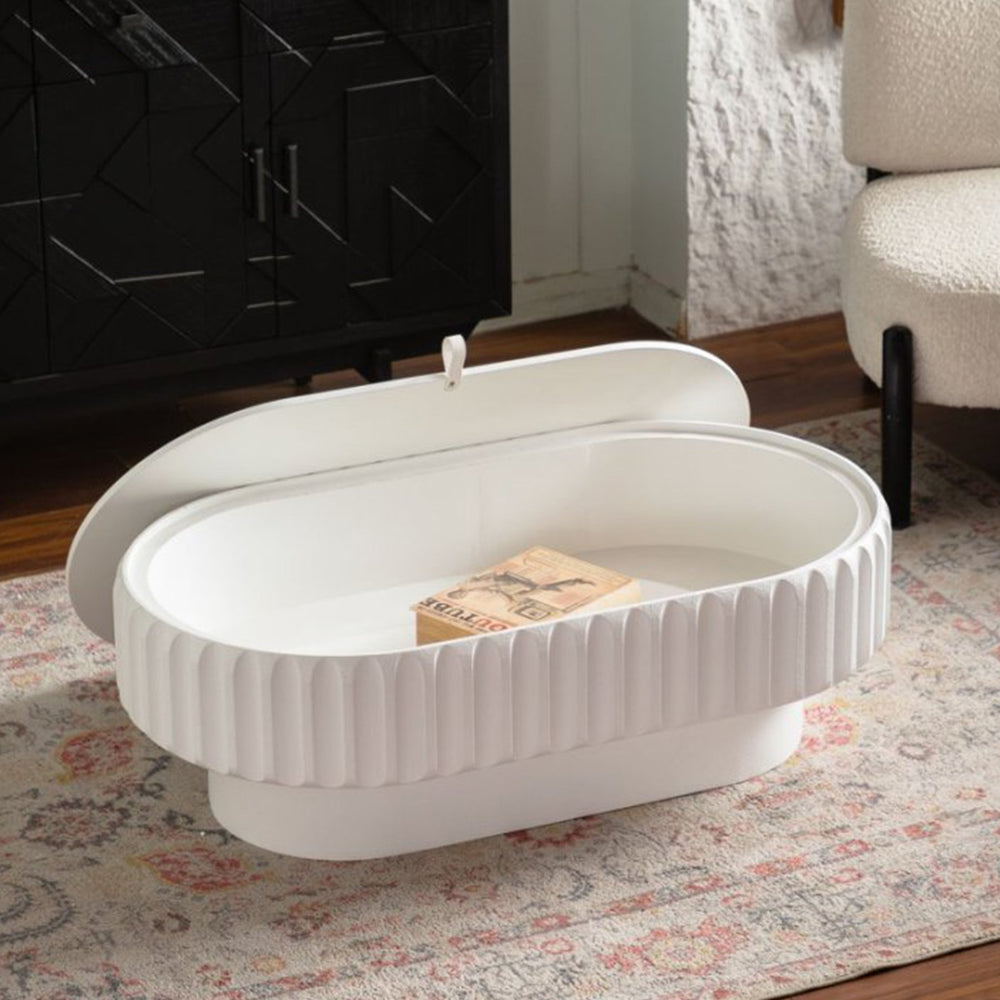English Elm Fluted White Coffee Table with Hidden Storage Compartment for Modern Living Rooms W3081P389037