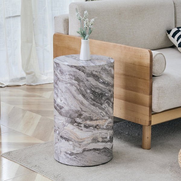 English Elm Simple Marble Textured Cylindrical Side Table Mdf Stone Look Accent for Modern Interiors W1151P291448