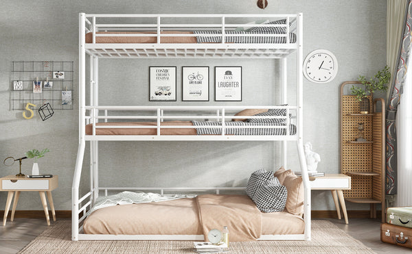 English Elm Twin Triple Metal Bunk Bed Matte Powder Coated Frame with Full Safety Guardrails Light White W1580S00585