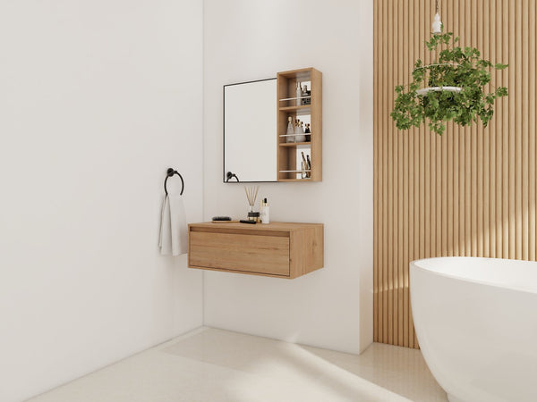 English Elm 30'' Wall Mounted Vanity Mirror Cabinet Black Aluminum Frame Open Shelf Bathroom W999S00537