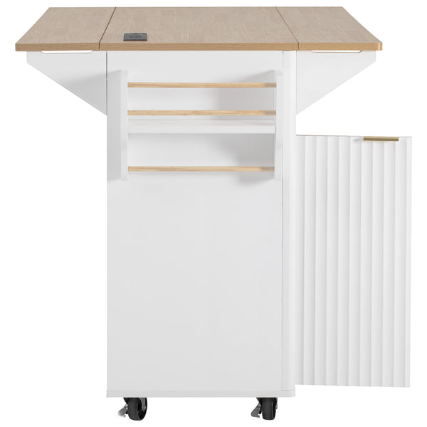 English Elm K&k Fluted Rolling Kitchen Island Faux Marble Top Power Outlet Storage Drawers White N707P353934W