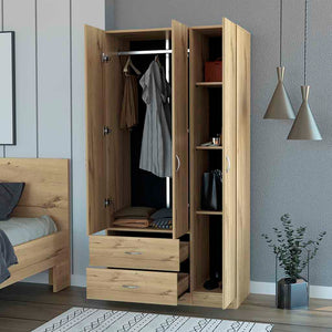 English Elm Eureka Light Oak Three-Door Armoire with Two Drawers, Closet Rod & Adjustable Shelves 70.8"H B128S00084