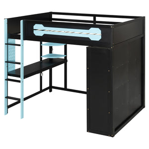 English Elm Full Size Gaming Loft Bed with Rgb Lighting Integrated Desk and Open Wardrobe Blue N820S00073C