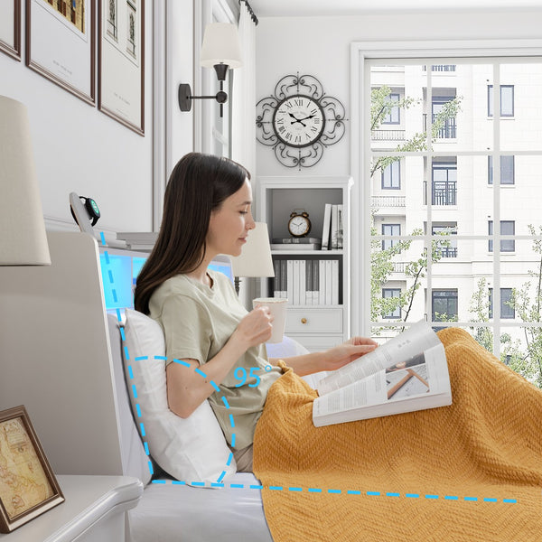 English Elm Full Bed Frame Ergonomic Headboard with USB Outlets, LED Light, Storage Shelf, Metal, Noise-Free W3107P327859