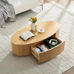 English Elm Modern Oval Mdf Coffee Table with Drawer Natural Matte Finish for Living Rooms W2085P398986