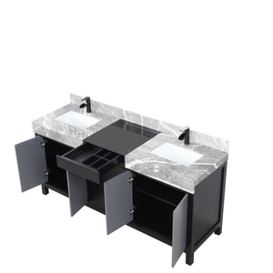 English Elm Black Double Bath Vanity 72" W With Castle Grey Marble Top & Matte Black Faucet – Elegant Storage Solution B2731P261115