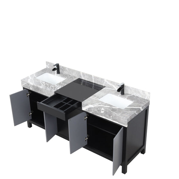 English Elm Black Double Bath Vanity 72" W With Castle Grey Marble Top & Matte Black Faucet – Elegant Storage Solution B2731P261115