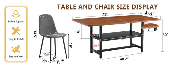 English Elm Table Set: 71" Walnut Grain Dining Table With 8 Dark Gray Linen-Cotton Chairs For Modern Homes W1151S04295-GIGA