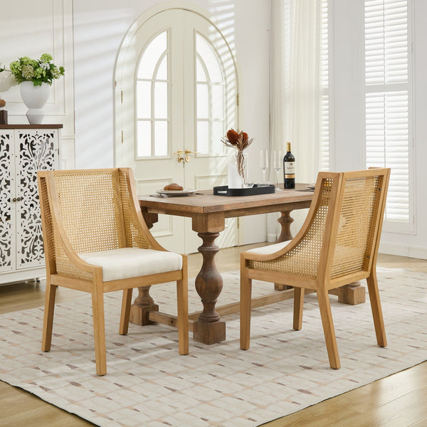 English Elm Rattan Solid Wood Dining Chair with Linen Seat and Decorative Armrests, Rustic Natural Finish Beige W1143P335052