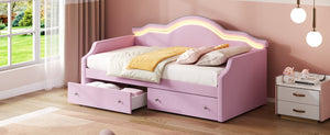 English Elm Twin Upholstered Daybed with Built-In LED & 2 Drawers, Velvet Platform Bed with Solid Wood Frame, Modern Curved Backrest, Twin Size, No Box Spring Needed Pink N7500001851H