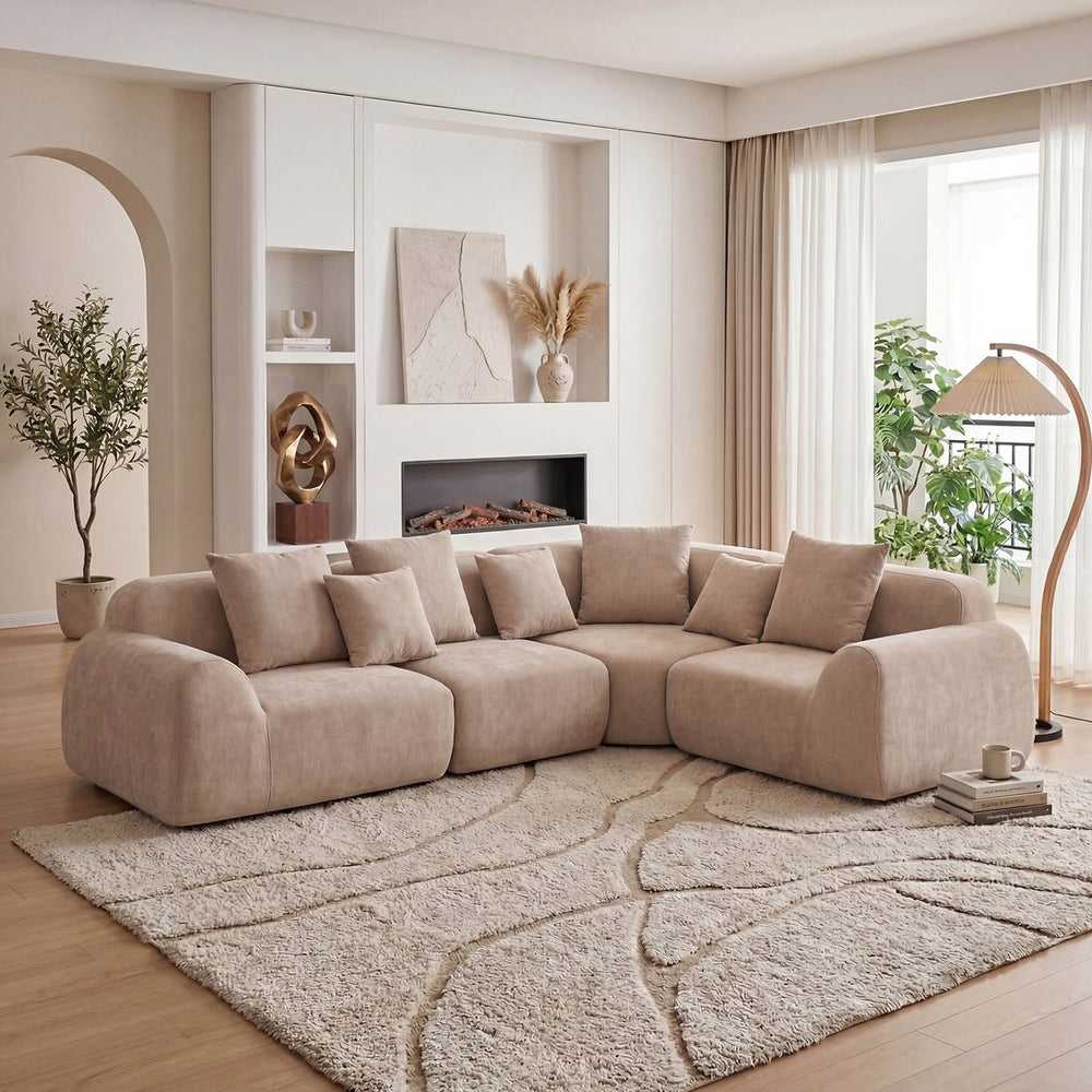English Elm Oversized Velvet Cloud Sectional with Memory Foam Cushioning and L-shape Chaise Lounge Beige W3728S00013