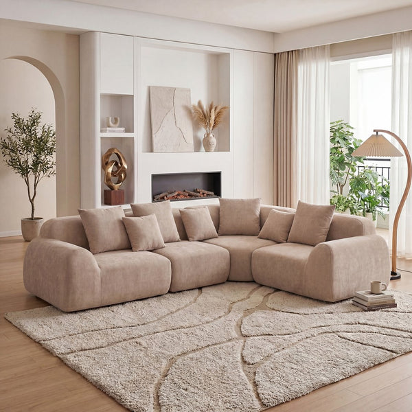 English Elm Oversized Velvet Cloud Sectional with Memory Foam Cushioning and L-shape Chaise Lounge Beige W3728S00013