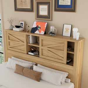 English Elm 3-Pieces Bedroom Set Full Size Farmhouse Platform Bed with Storage Headboard, Nightstand & Dresser Natural 46.25 L x 9.25 W x 9 H N733S369037M