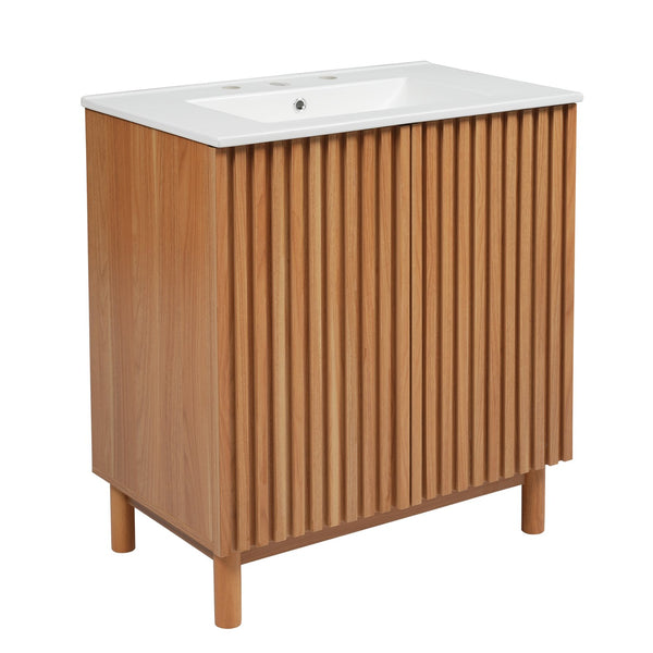 English Elm 29.9-inch Transitional Bathroom Vanity with Ceramic Sink Soft-close Doors Wood Legs N729P339777O