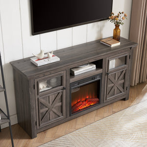 English Elm 2 Door Farmhouse Tv Console with Electric Fireplace Barn Style Grey Finish 60 Inch W1758S00025