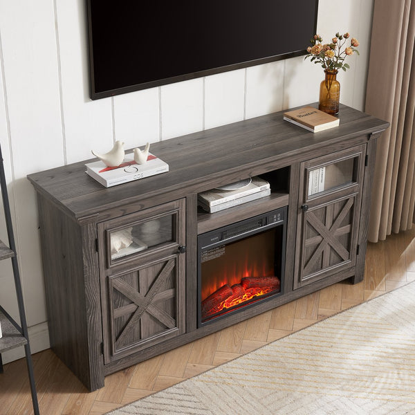 English Elm 2 Door Farmhouse Tv Console with Electric Fireplace Barn Style Grey Finish 60 Inch W1758S00025