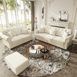 English Elm Upholstered Velvet Chesterfield Sofa with Button Tufting Nailhead Trim and Ottoman Beige+White W1885S00394