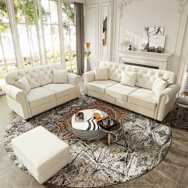English Elm Upholstered Velvet Chesterfield Sofa with Button Tufting Nailhead Trim and Ottoman Beige+White W1885S00394
