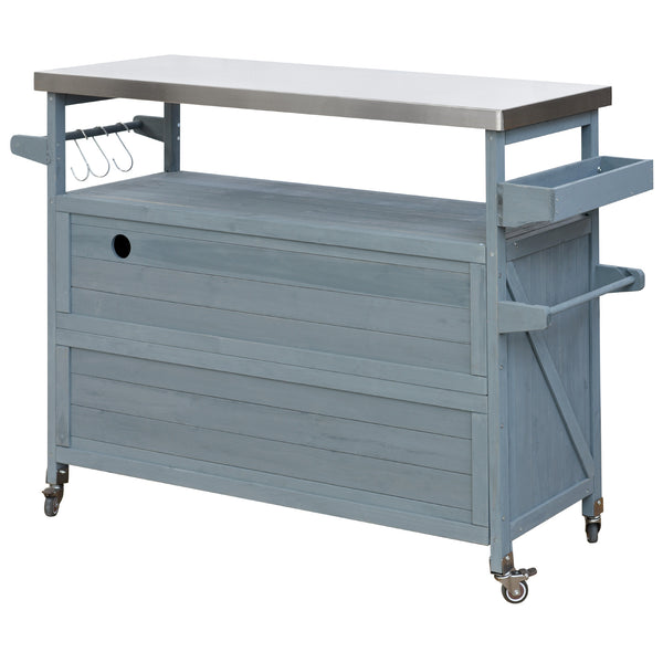 English Elm K&K Outdoor Kitchen Island Rolling Bar Cart with 1.2" Stainless Steel Top, Ample Storage, Wheels and Spice Rack Grey+Blue WF532198AAG