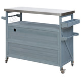 English Elm K&K Outdoor Kitchen Island, Rolling Bar Cart & Storage Cabinet, Farmhouse Solid Wood Outdoor Grill Table With Stainless Steel Top, Spice Rack , Towel Rack For Kitchen & Bbq , Grey Blue