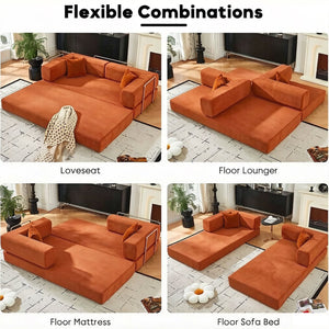 English Elm Convertible Corduroy Floor Sofa with Folding Sleeper and Bolster Pillow for Apartments Orange W5638P460470