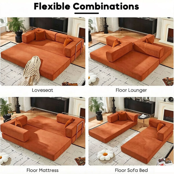 English Elm Convertible Corduroy Floor Sofa with Folding Sleeper and Bolster Pillow for Apartments Orange W5638P460470