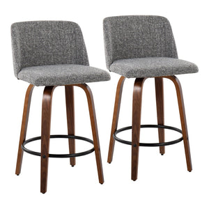 English Elm Toriano Mid-Century Modern Counter Stool Set Of 2 In Walnut Wood With Grey Fabric & Black Footrest B202S00450-GIGA