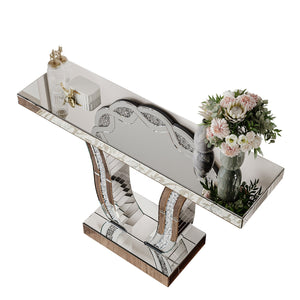 English Elm 43 Inch Mirrored Console Glam Sofa Table with Crystal Stone Inlaid Curved Legs W1445P370475