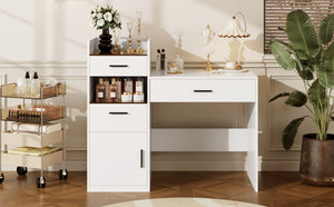 English Elm 3-in-1 Vanity Desk Flip Mirror Glass Top Hidden Storage Compact White Bedroom N704P391337K