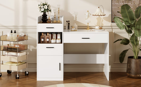 English Elm 3-in-1 Vanity Desk Flip Mirror Glass Top Hidden Storage Compact White Bedroom N704P391337K