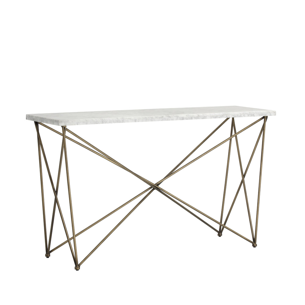 Sunpan Skyy Console Table - Elegant 1.25" Carrara Marble with Antique Brass Frame for Home or Office Decor