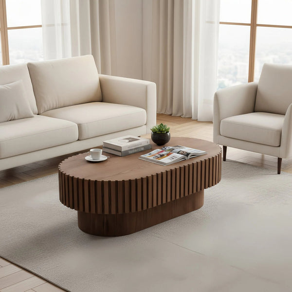 English Elm Oval Fluted Walnut Coffee Table Sculptural Pedestal Base Mid Century Living Room W3204P391004