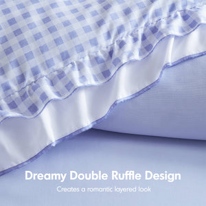 English Elm 4-piece Gingham Ruffle Comforter Set Romantic Cottage Bedroom Brushed Polyester Fill Blue B035P463186