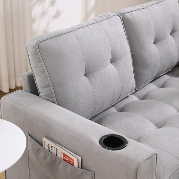 English Elm {VIDEO 3-in-1 Upholstered Futon Sofa Bed Convertible Loveseat with Tufted Back, Cup Holders & Side Pockets Light Gray W2325P183182