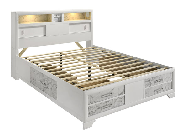 English Elm Soul Full 5PC Bedroom Set with Built-In Lighting, USB-C, Bluetooth Speakers & Marble Accents White B009S01622