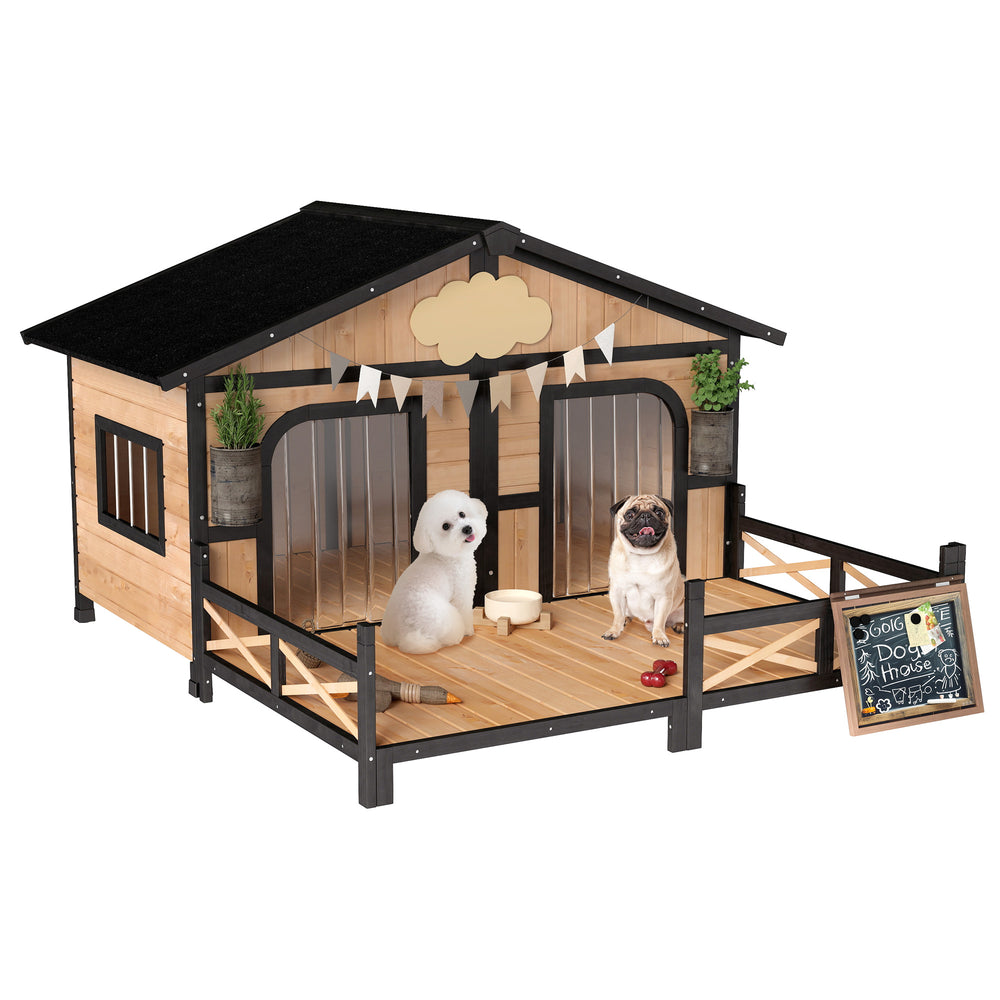 English Elm Dog House Outdoor Solid Fir Wood Kennel with Covered Porch and Two Room Layout T3971S00014