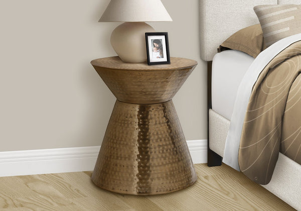 English Elm Accent Drum End Table with Hammered Metal Finish — 22" Handcrafted Cone Shape for Chic Living Spaces Copper 23 L x 23 W x 19 H B2710P219459